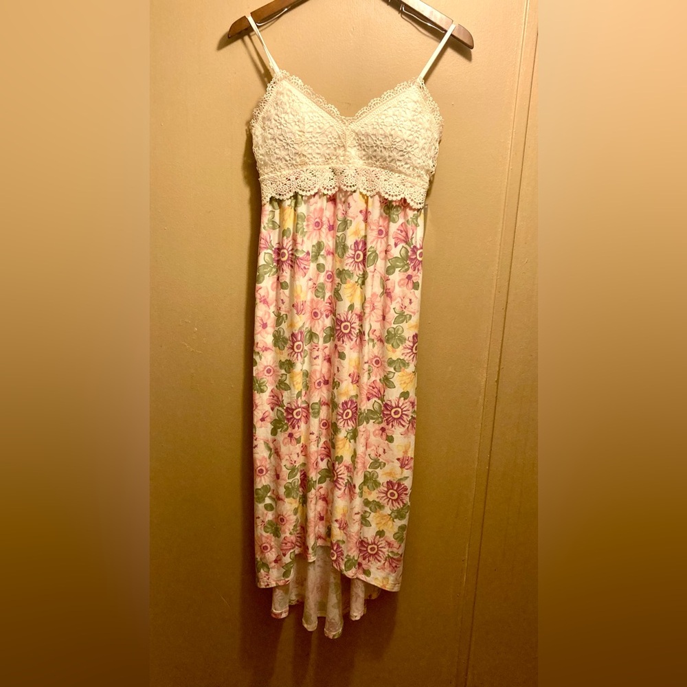Sun dress, crochet top with a long floral bottom. Very comfy